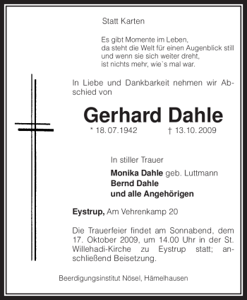 Todesanzeige von Gerhard Dahle von KREISZEITUNG SYKE
