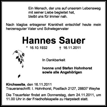 Todesanzeige von Hannes Sauer von KREISZEITUNG SYKE