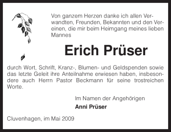 Todesanzeige von Erich Prüser von KREISZEITUNG SYKE