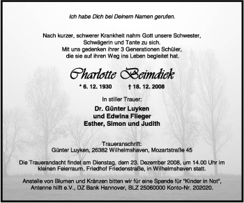 Todesanzeige von Charlotte Beimdiek von KREISZEITUNG SYKE