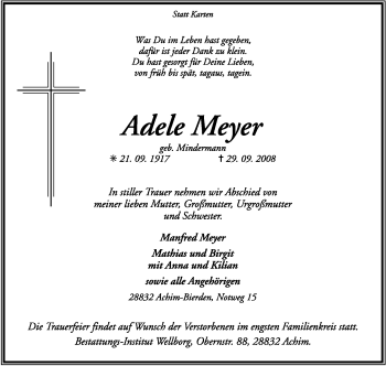 Todesanzeige von Adele Meyer von KREISZEITUNG SYKE