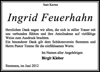 Todesanzeige von Ingrid Feuerhahn von KREISZEITUNG SYKE