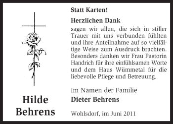 Todesanzeige von Hilde Behrens von KREISZEITUNG SYKE