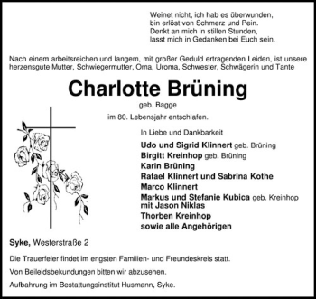 Todesanzeige von Charlotte Brüning von KREISZEITUNG SYKE
