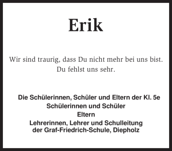 Todesanzeige von Erik Unbekannt von KREISZEITUNG SYKE