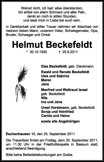 Todesanzeige von Helmut Beckefeldt von KREISZEITUNG SYKE