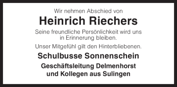 Todesanzeige von Heinrich Riechers von KREISZEITUNG SYKE