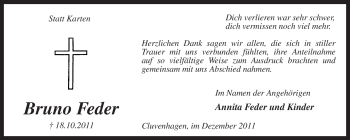 Todesanzeige von Bruno Feder von KREISZEITUNG SYKE