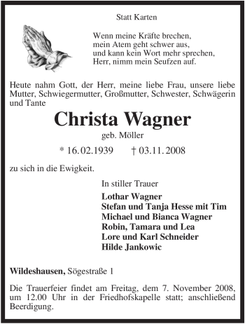 Todesanzeige von Christa Wagner von KREISZEITUNG SYKE