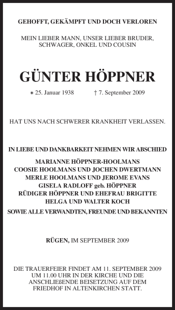Todesanzeige von Günter Höppner von KREISZEITUNG SYKE