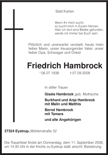 Todesanzeige von Friedrich Hambrock von KREISZEITUNG SYKE