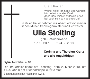 Todesanzeige von Ulla Stolting von KREISZEITUNG SYKE