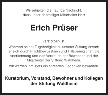 Todesanzeige von Erich Prüser von KREISZEITUNG SYKE