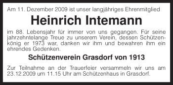 Todesanzeige von Heinrich Intemann von KREISZEITUNG SYKE