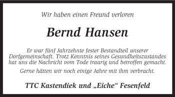 Todesanzeige von Bernd Hansen von KRZ