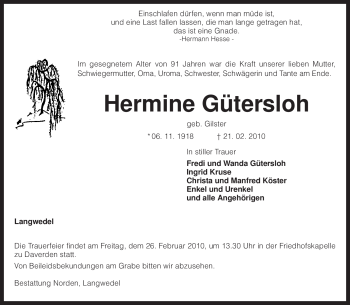 Todesanzeige von Hermine Gütersloh von KREISZEITUNG SYKE