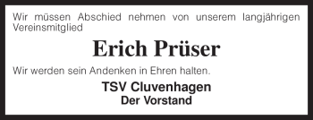 Todesanzeige von Erich Prüser von KREISZEITUNG SYKE