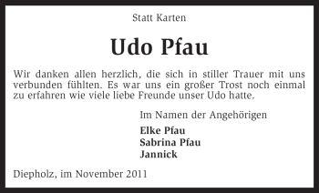 Todesanzeige von Udo Pfau von KREISZEITUNG SYKE