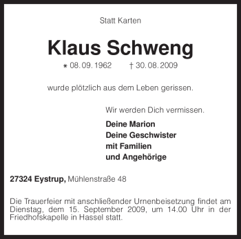 Todesanzeige von Klaus Schweng von KREISZEITUNG SYKE