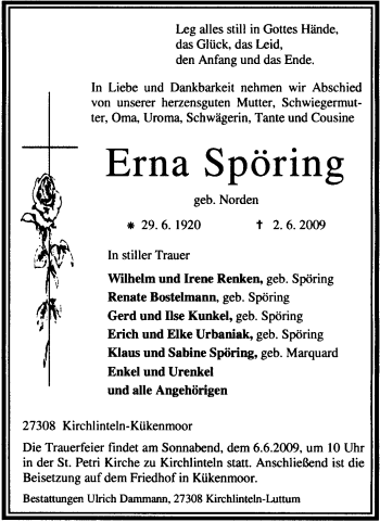 Todesanzeige von Erna Spöring von KREISZEITUNG SYKE