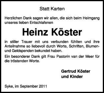 Todesanzeige von Heinz Köster von KREISZEITUNG SYKE