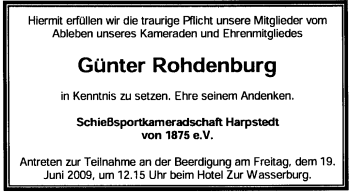 Todesanzeige von Günter Rohdenburg von KREISZEITUNG SYKE