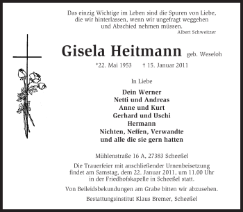 Todesanzeige von Gisela Heitmann von KREISZEITUNG SYKE