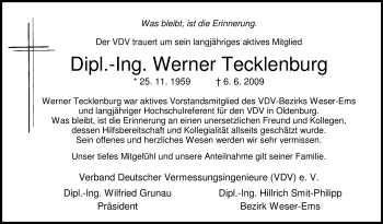Todesanzeige von Werner Tecklenburg von KREISZEITUNG SYKE
