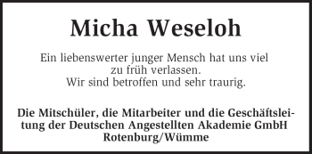 Todesanzeige von Micha Weseloh von KREISZEITUNG SYKE