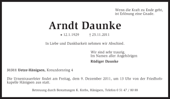 Todesanzeige von Arndt Dauke von KREISZEITUNG SYKE