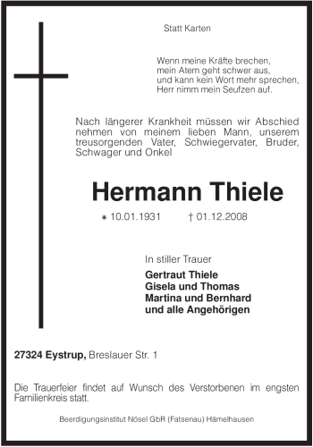 Todesanzeige von Hermann Thiele von KREISZEITUNG SYKE