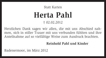 Todesanzeige von Herta Pahl von KREISZEITUNG SYKE