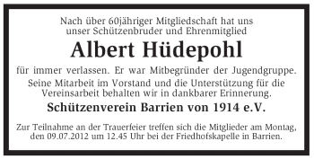 Todesanzeige von Albert Hüdepohl von KREISZEITUNG SYKE