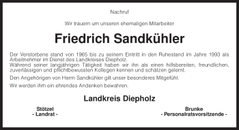 Todesanzeige von Friedrich Sandkühler von KREISZEITUNG SYKE