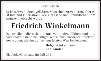 Todesanzeige von Friedrich Winkelmann von KREISZEITUNG SYKE