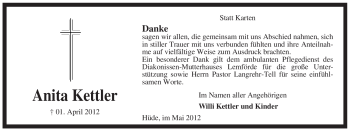 Todesanzeige von Anita Kettler von KREISZEITUNG SYKE