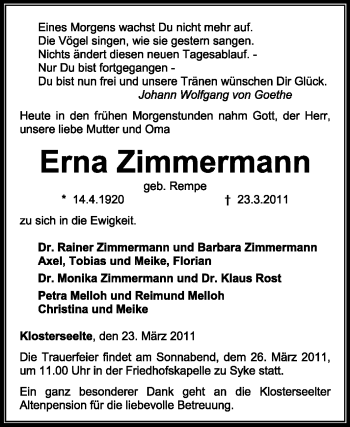 Todesanzeige von Erna Zimmermann von KREISZEITUNG SYKE