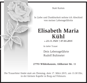 Todesanzeige von Elisabeth Maria Kühl von KRZ