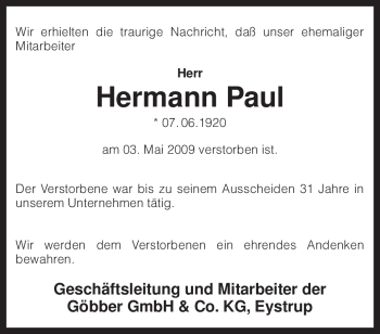 Todesanzeige von Hermann Paul von KREISZEITUNG SYKE