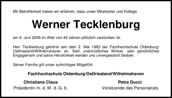 Todesanzeige von Werner Tecklenburg von KREISZEITUNG SYKE