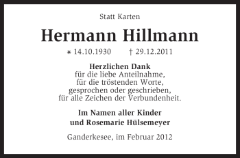 Todesanzeige von Hermann Hillmann von KREISZEITUNG SYKE