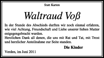 Todesanzeige von Waltraud Voß von KREISZEITUNG SYKE
