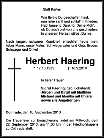 Todesanzeige von Herbert Haering von KREISZEITUNG SYKE