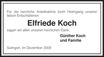 Todesanzeige von Elfriede Koch von KREISZEITUNG SYKE