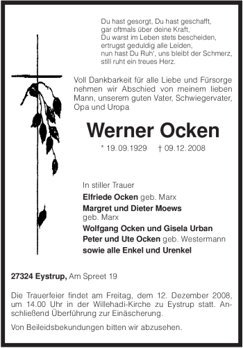 Todesanzeige von Werner Ocken von KREISZEITUNG SYKE
