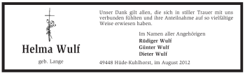 Todesanzeige von Helma Wulf von KREISZEITUNG SYKE