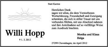 Todesanzeige von Willi Hopp von KREISZEITUNG SYKE