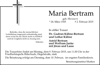 Todesanzeige von Maria Bertram von KRZ