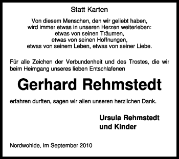 Todesanzeige von Gerhard Remstedt von KREISZEITUNG SYKE
