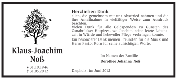 Todesanzeige von Klaus-Joachim Noß von KREISZEITUNG SYKE
